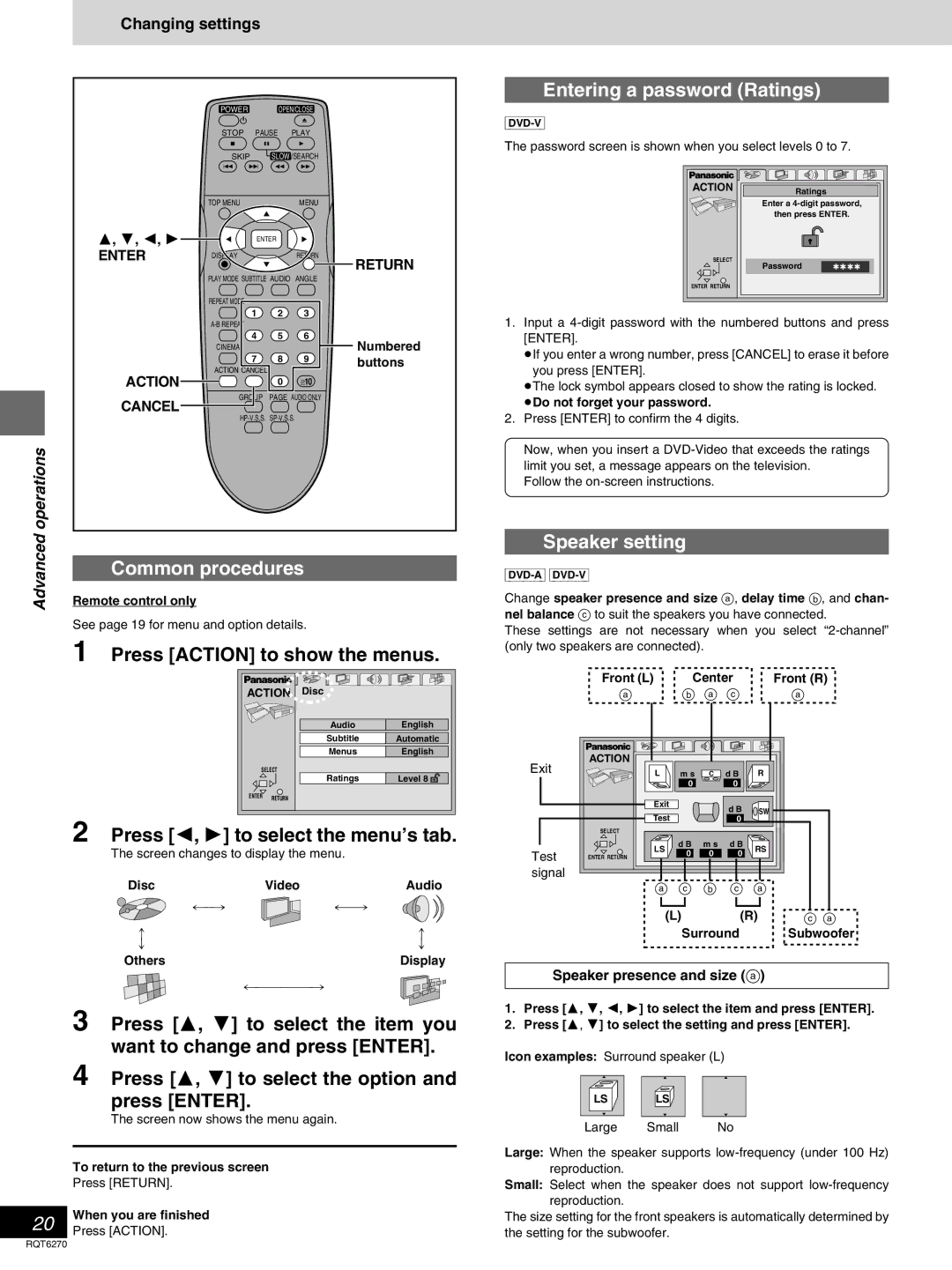 Panasonic DVD-RA60 Press Action to show the menus, Press 2, 1 to select the menu’s tab, Entering a password Ratings 