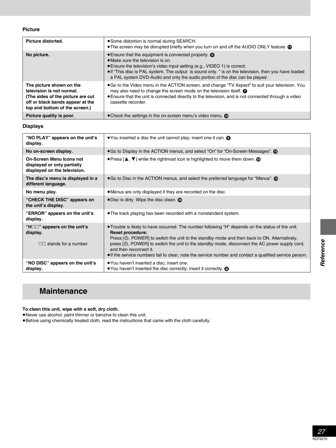 Panasonic DVD-RA60 operating instructions Maintenance, Picture, Displays 