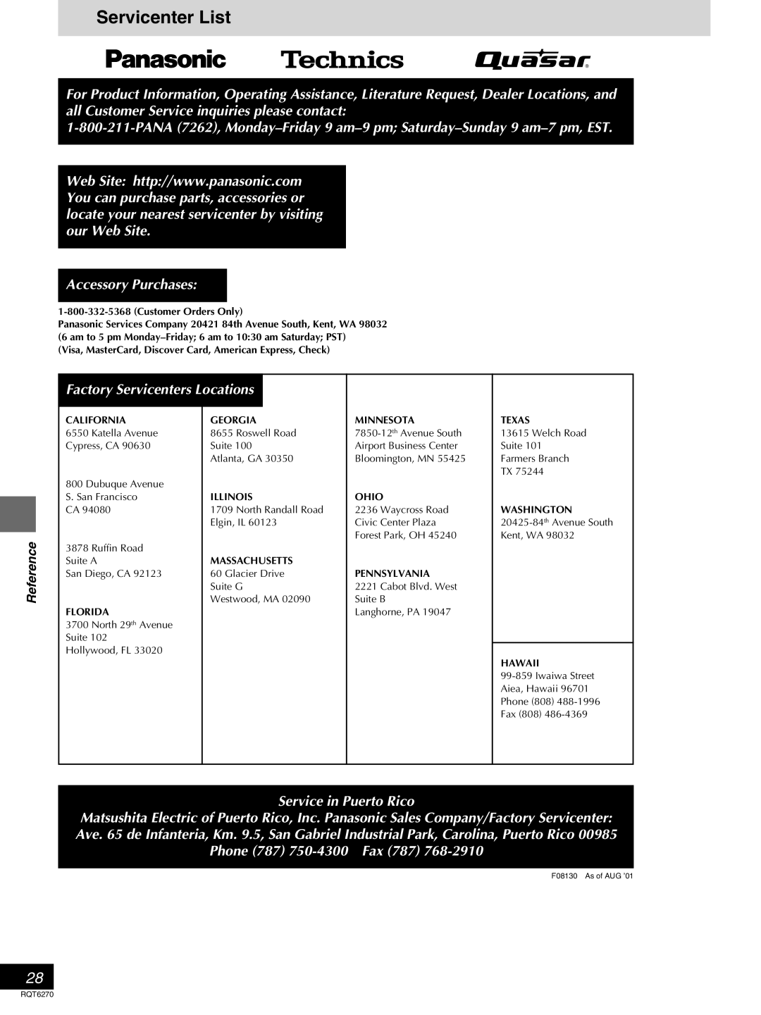 Panasonic DVD-RA60 operating instructions Servicenter List, Customer Orders Only 