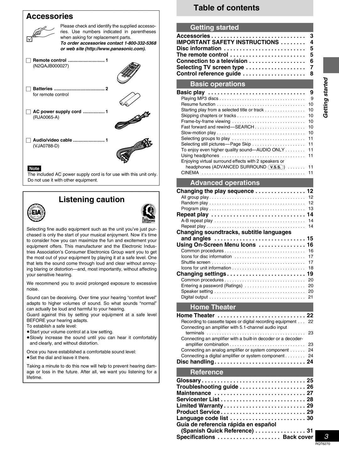 Panasonic DVD-RA60 operating instructions Accessories, Listening caution, Table of contents 