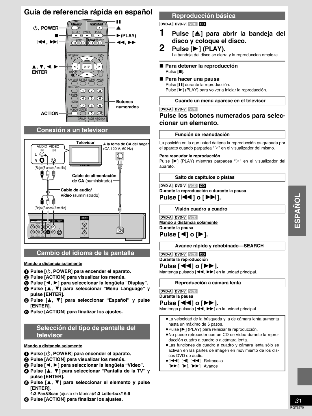 Panasonic DVD-RA60 Guía de referencia rápida en español, Conexión a un televisor, Cambio del idioma de la pantalla 