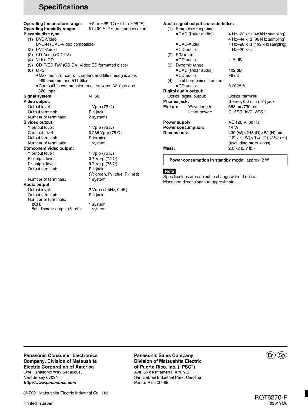 Panasonic DVD-RA60 operating instructions Specifications 