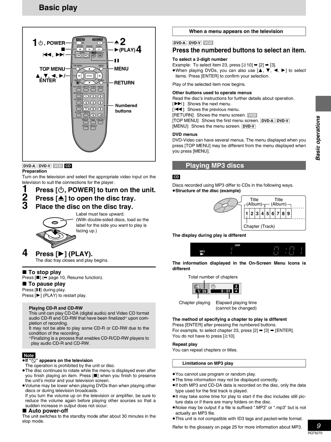 Panasonic DVD-RA60 Basic play, Press 1 Play, Press the numbered buttons to select an item, Playing MP3 discs 