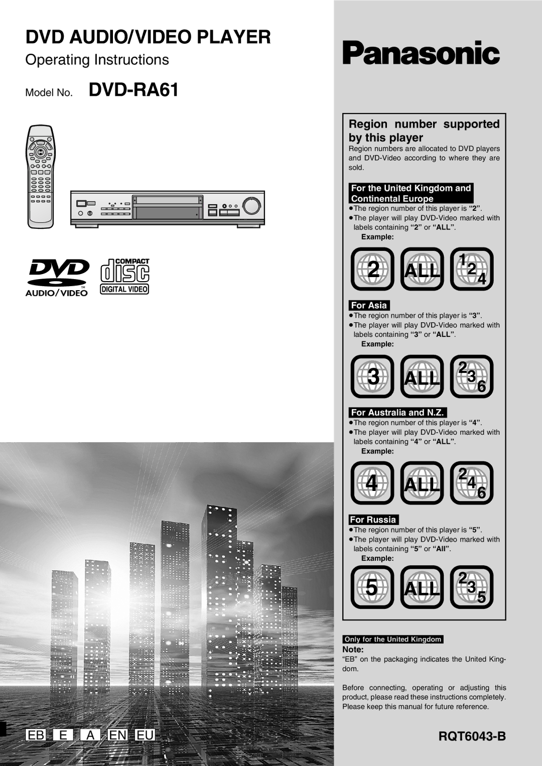 Panasonic DVD-RA61 manual Region number supported by this player, Example 