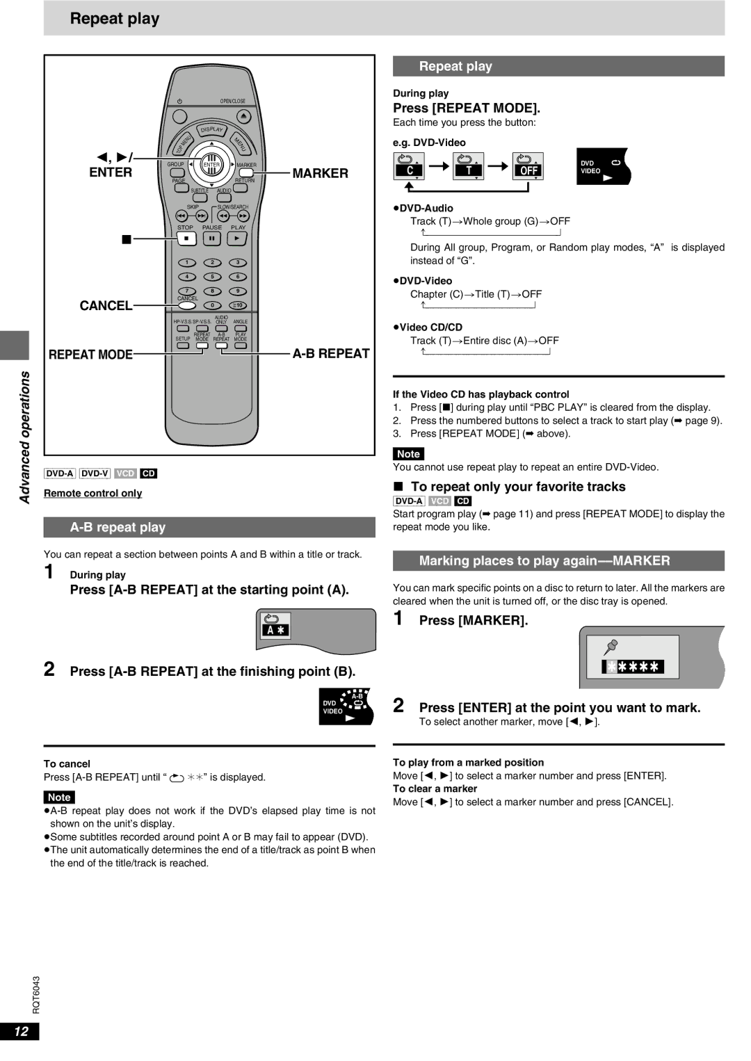 Panasonic DVD-RA61 manual Repeat play, Enter Marker, Repeat Mode, Marking places to play again--MARKER 