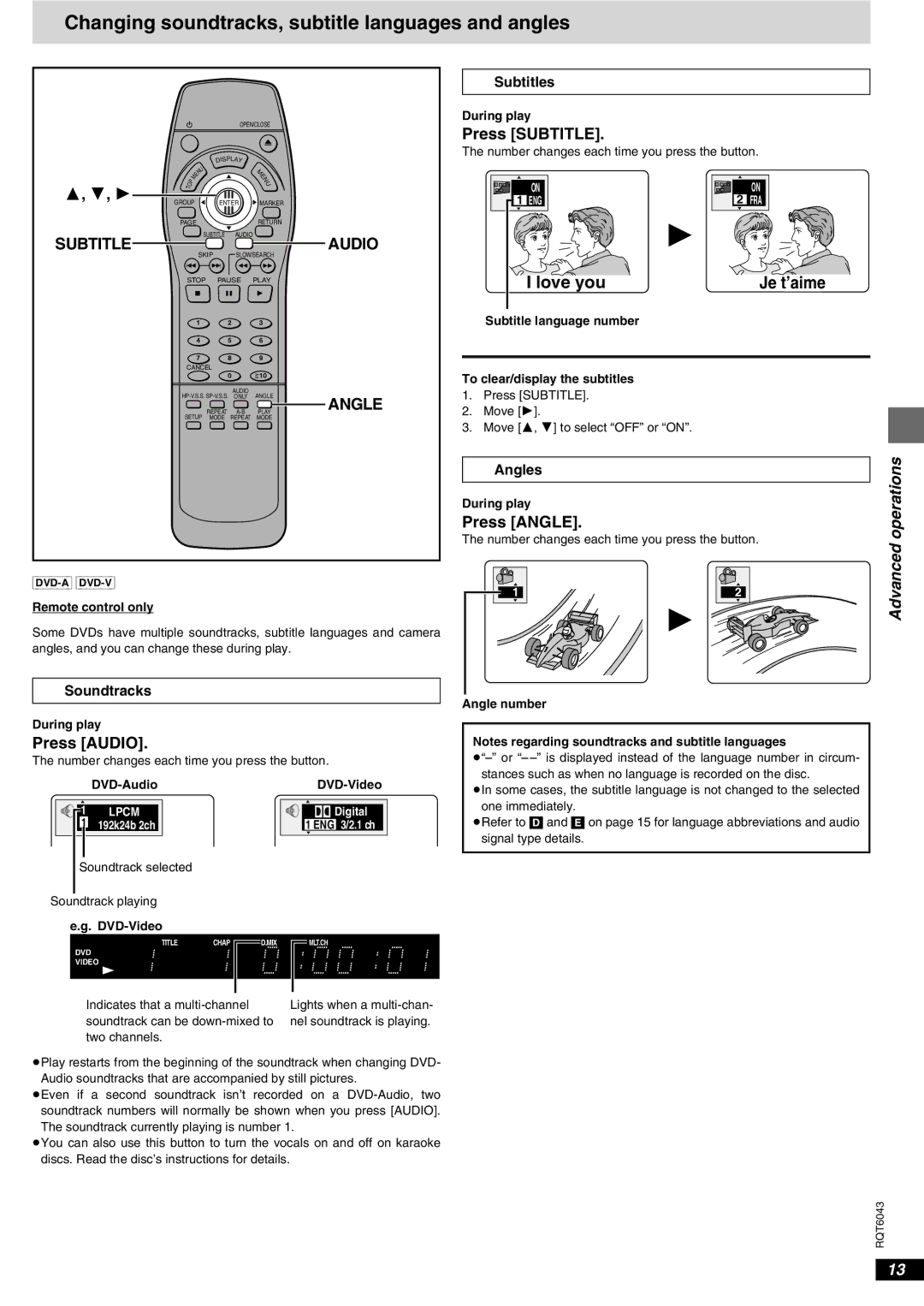 Panasonic DVD-RA61 manual Changing soundtracks, subtitle languages and angles, Subtitle, Audio, Angle, Advanced operations 