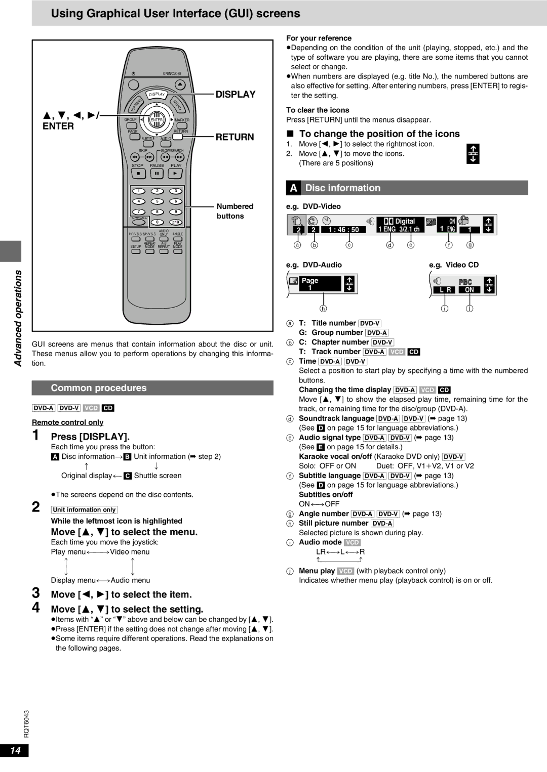 Panasonic DVD-RA61 manual Using Graphical User Interface GUI screens, Display, Disc information, Common procedures 