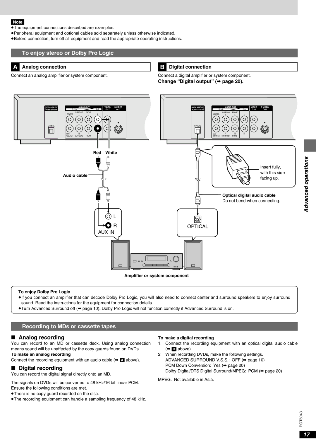 Panasonic DVD-RA61 manual To enjoy stereo or Dolby Pro Logic, Recording to MDs or cassette tapes, Analog recording 