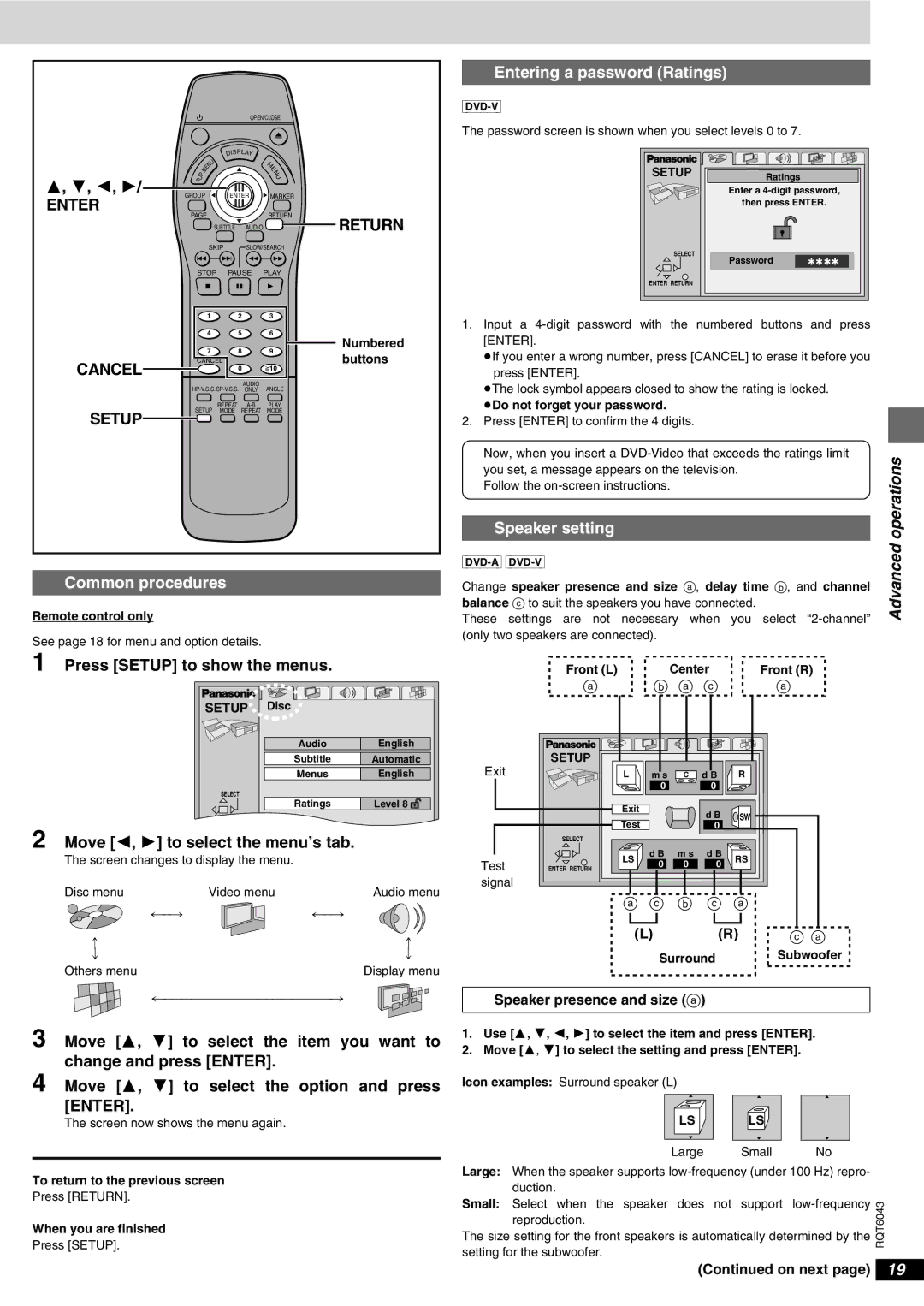 Panasonic DVD-RA61 manual Setup, Move 2, 1 to select the menu’s tab, Entering a password Ratings, Speaker setting 