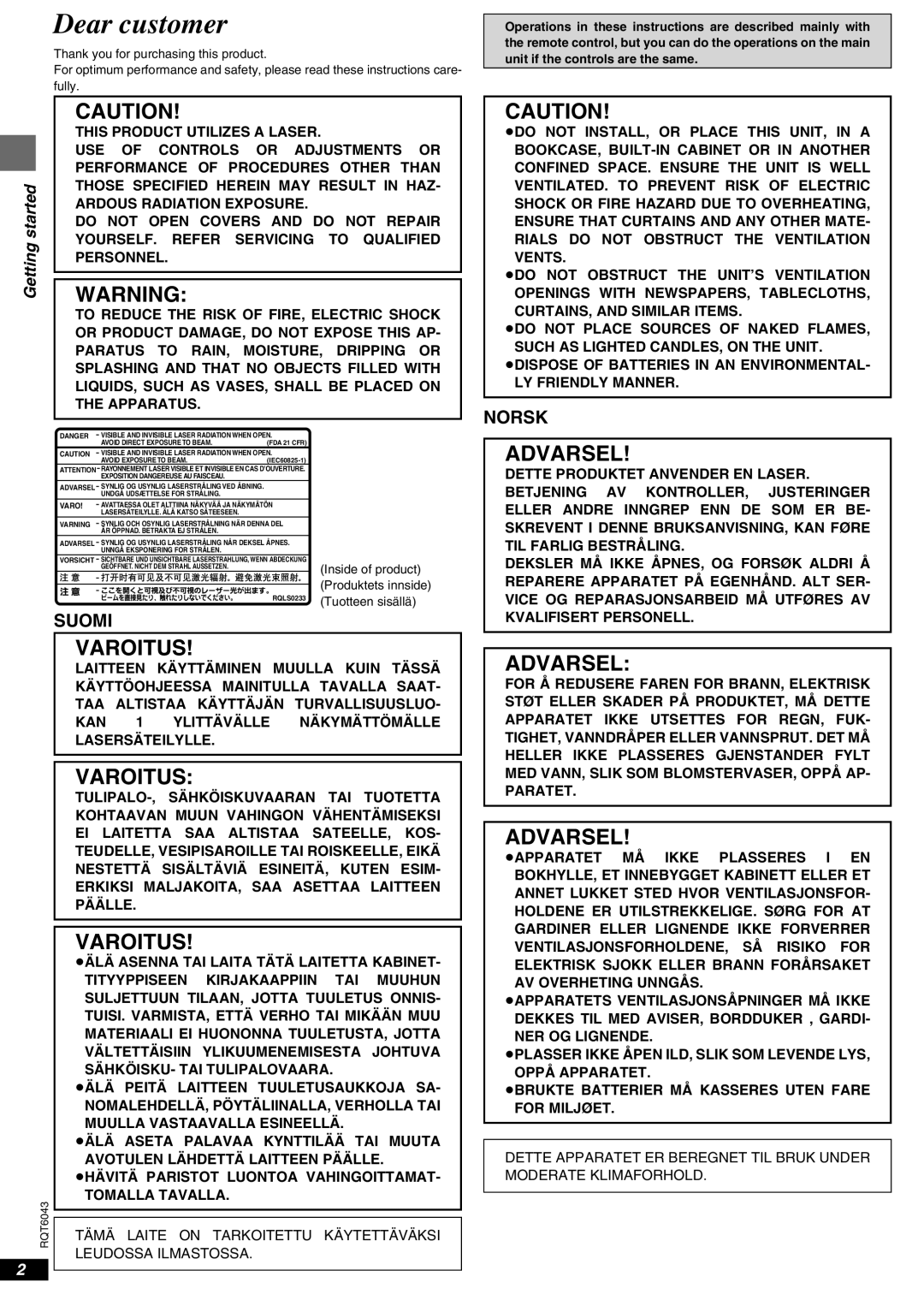 Panasonic DVD-RA61 manual Dear customer, Inside of product Produktets innside Tuotteen sisällä 