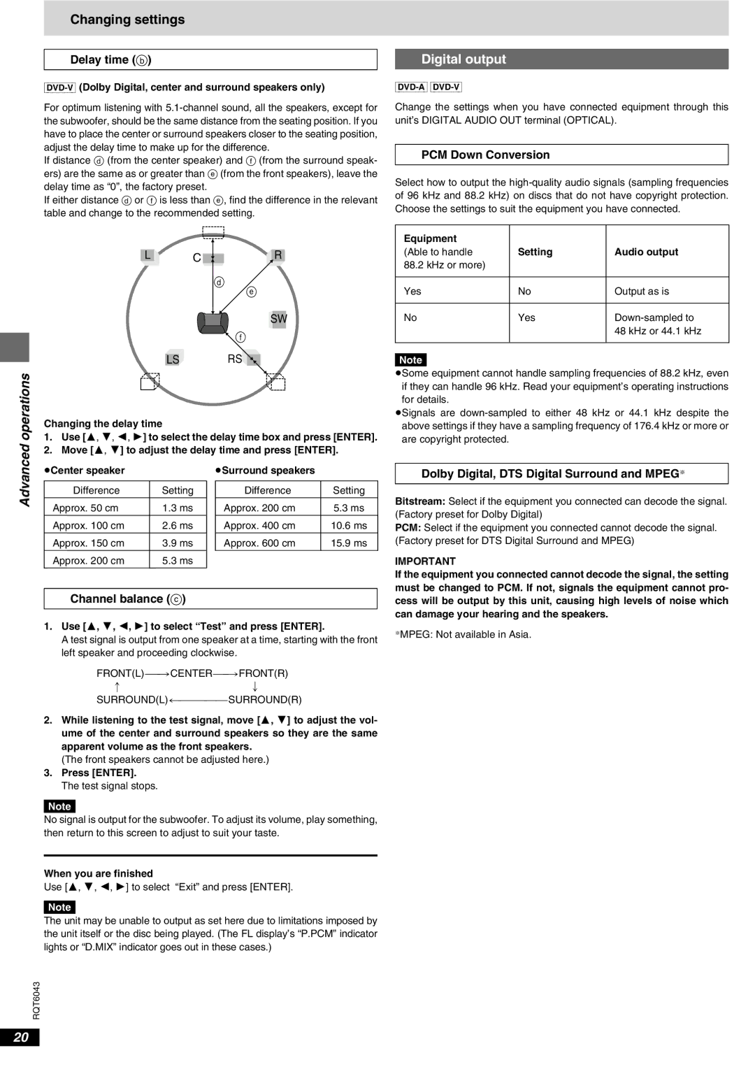 Panasonic DVD-RA61 manual Changing settings, Digital output 