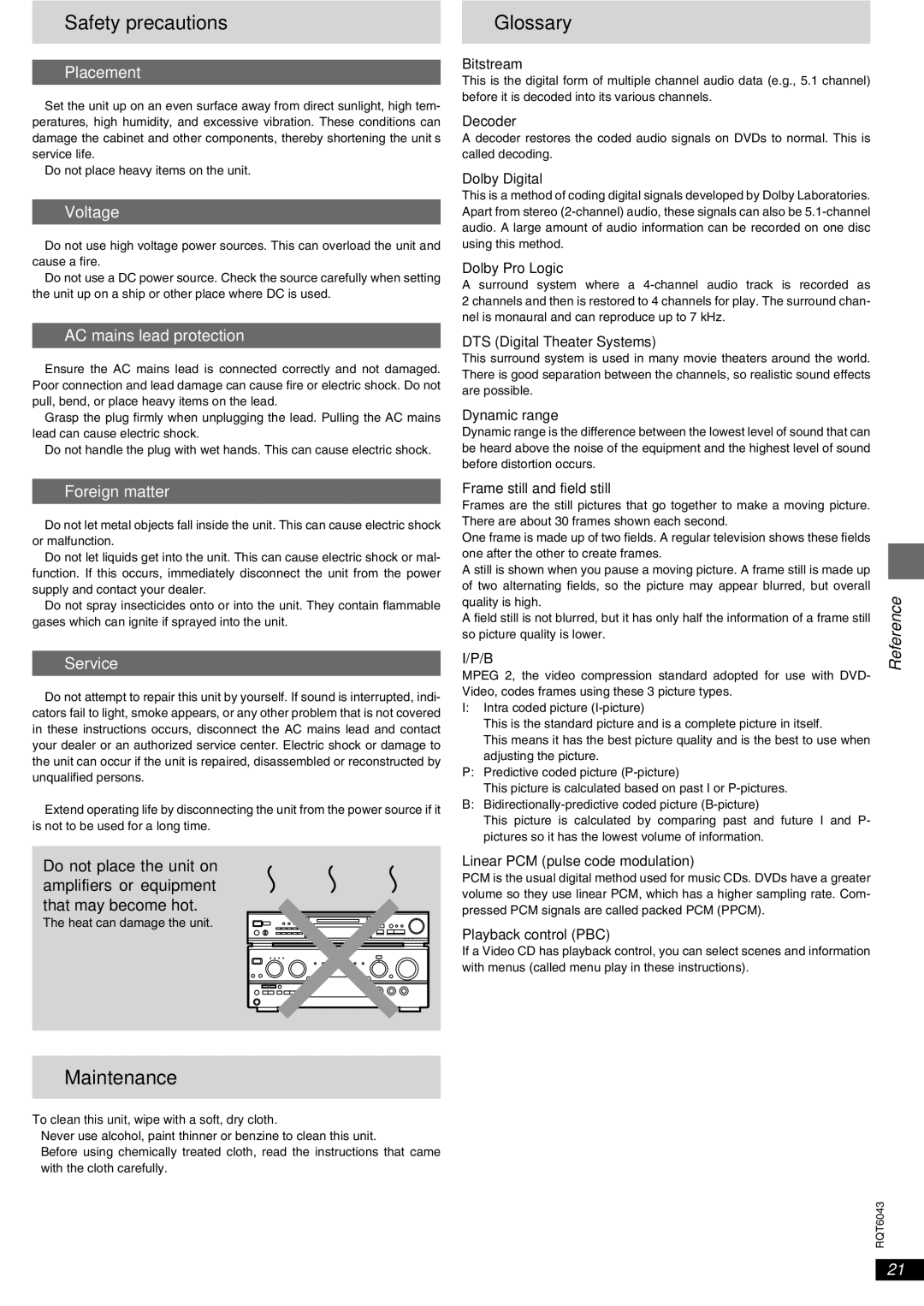 Panasonic DVD-RA61 manual Safety precautions, Glossary, Maintenance, Reference 