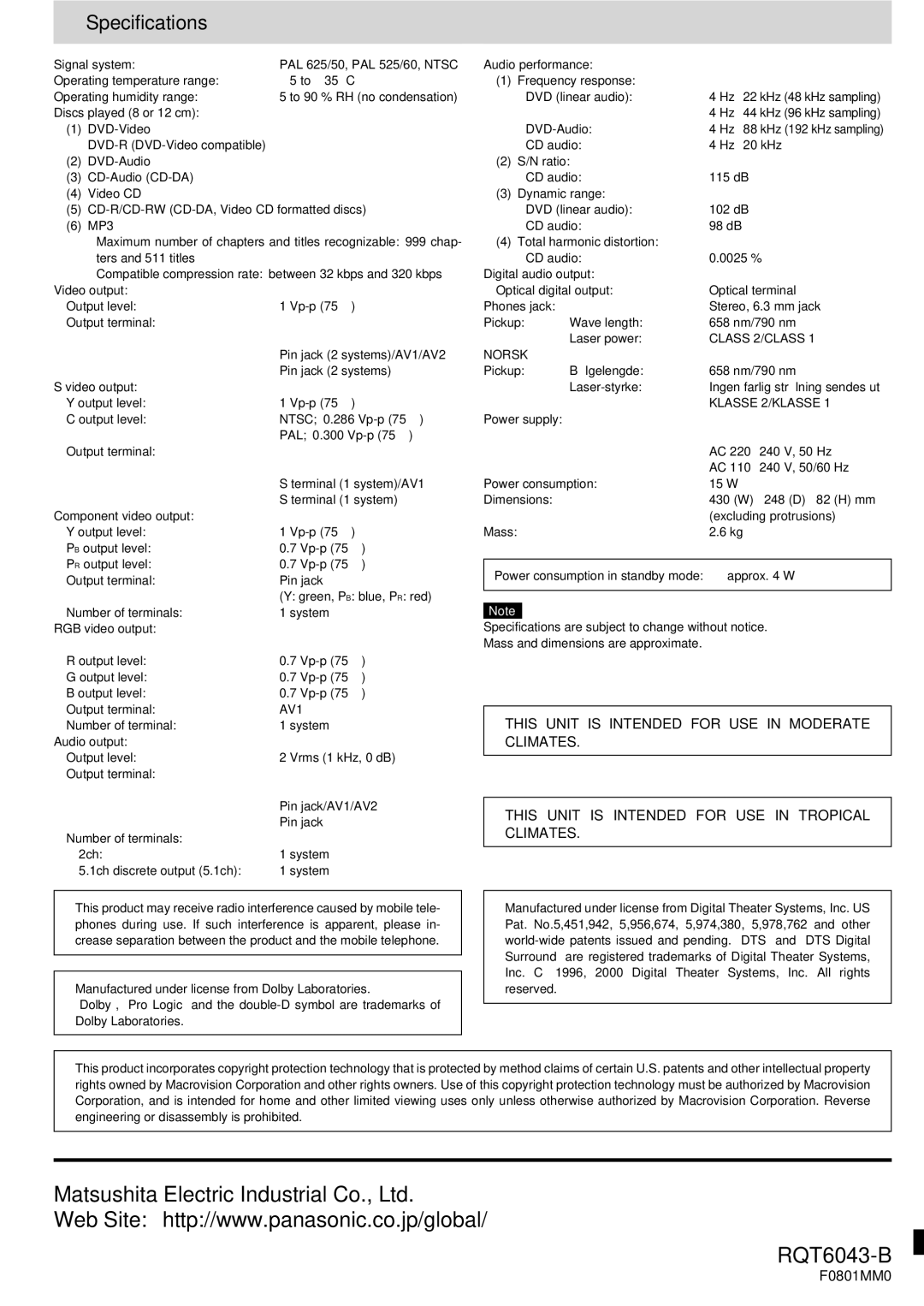 Panasonic DVD-RA61 manual Specifications 