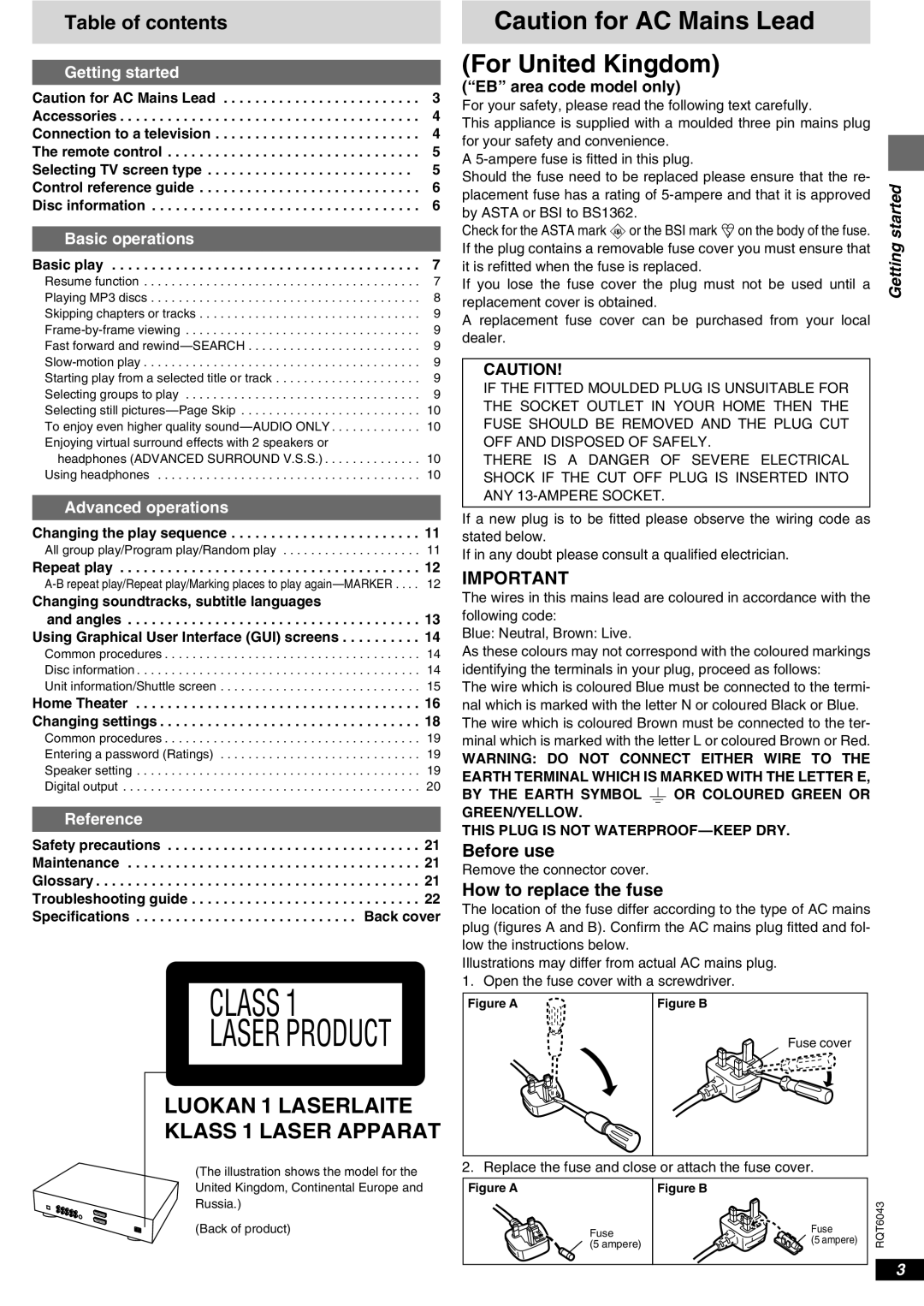 Panasonic DVD-RA61 manual Class, Table of contents 