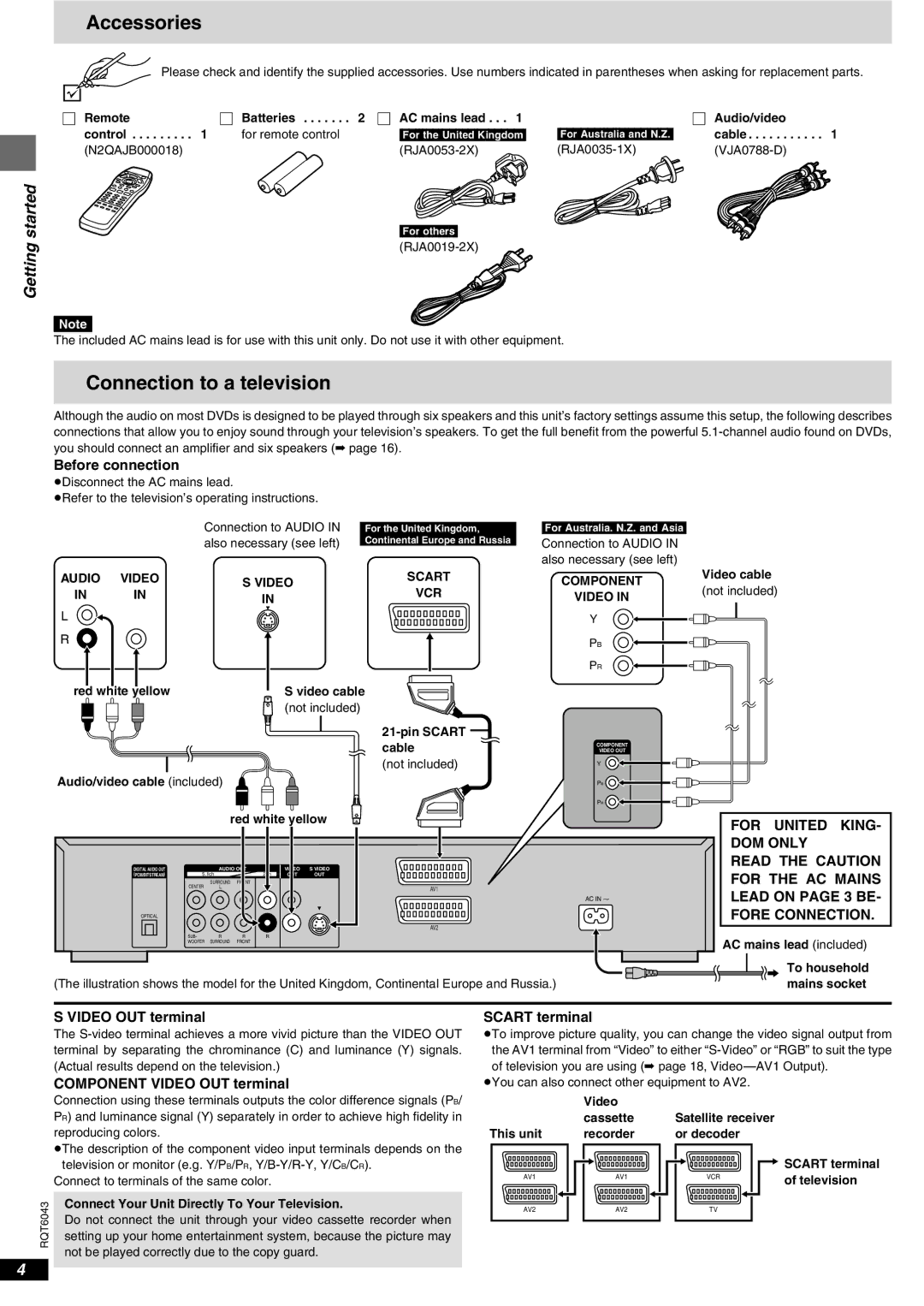 Panasonic DVD-RA61 manual Accessories, Connection to a television, Before connection, Video OUT terminal 