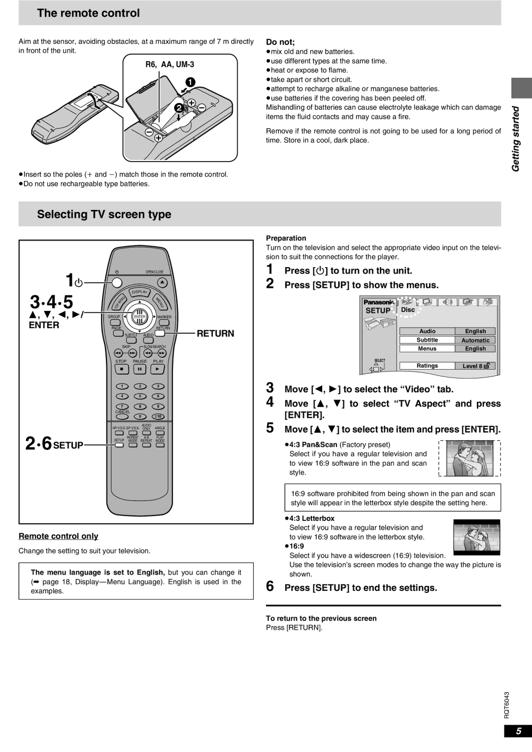 Panasonic DVD-RA61 manual Remote control, Selecting TV screen type, Enter, ·6SETUP 