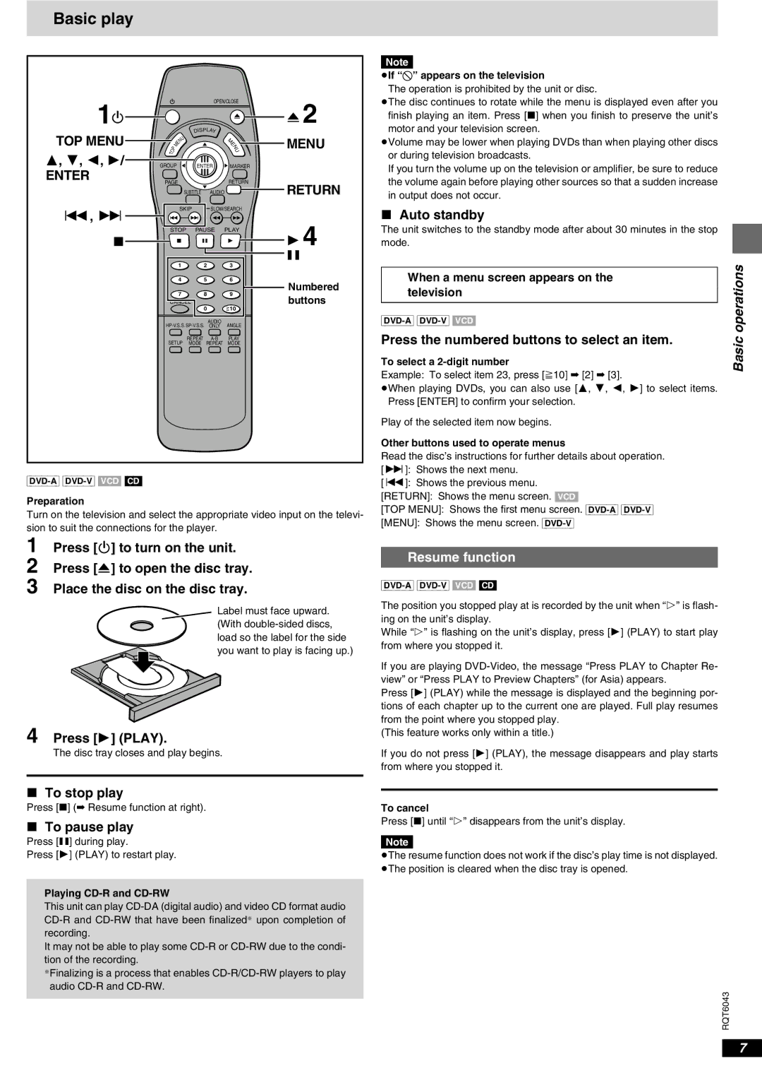 Panasonic DVD-RA61 manual Basic play, TOP Menu, Return 