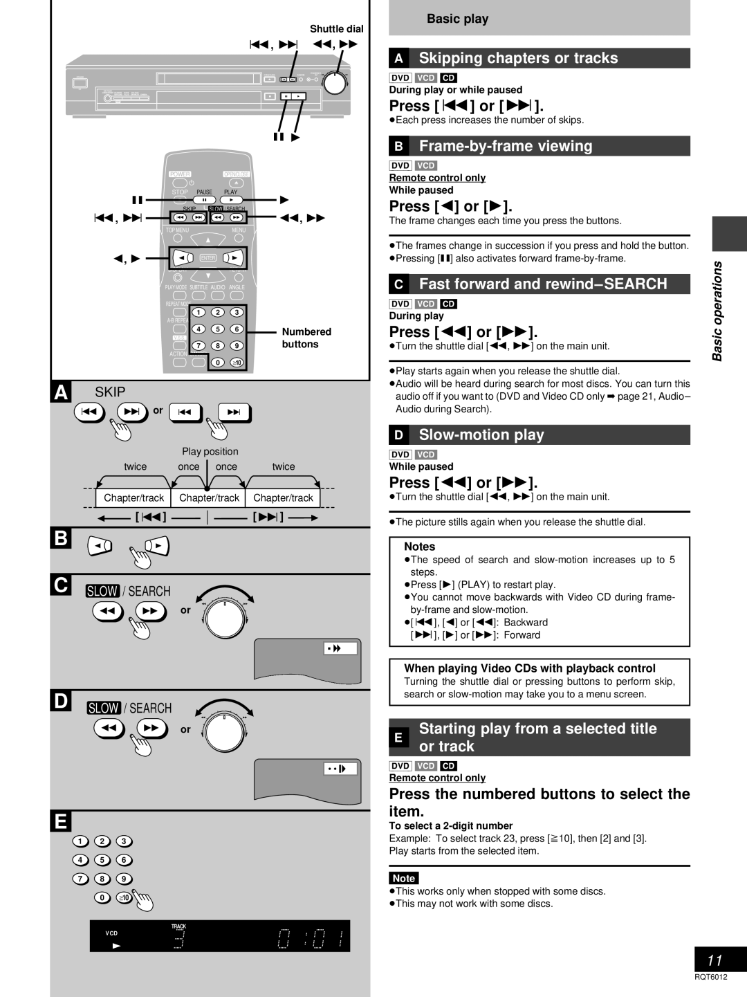 Panasonic DVD-RP56 warranty »A Skipping chapters or tracks, »B Frame-by-frame viewing, Fast forward and rewind-SEARCH 