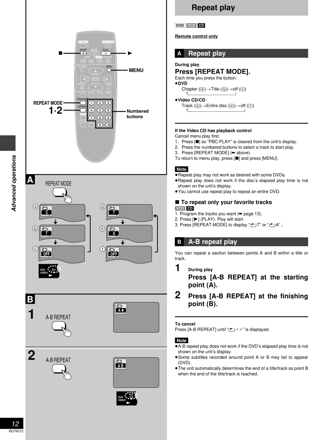 Panasonic DVD-RP56 warranty »A Repeat play, Press Repeat Mode, »B A-B repeat play, Advanced operations 