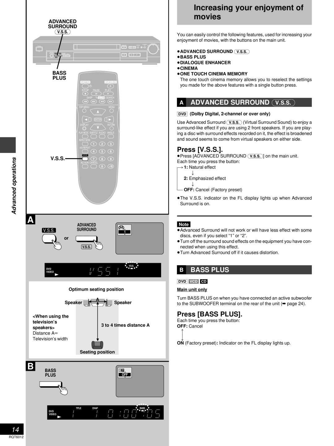 Panasonic DVD-RP56 warranty Increasing your enjoyment of movies, Press V.S.S, Press Bass Plus 