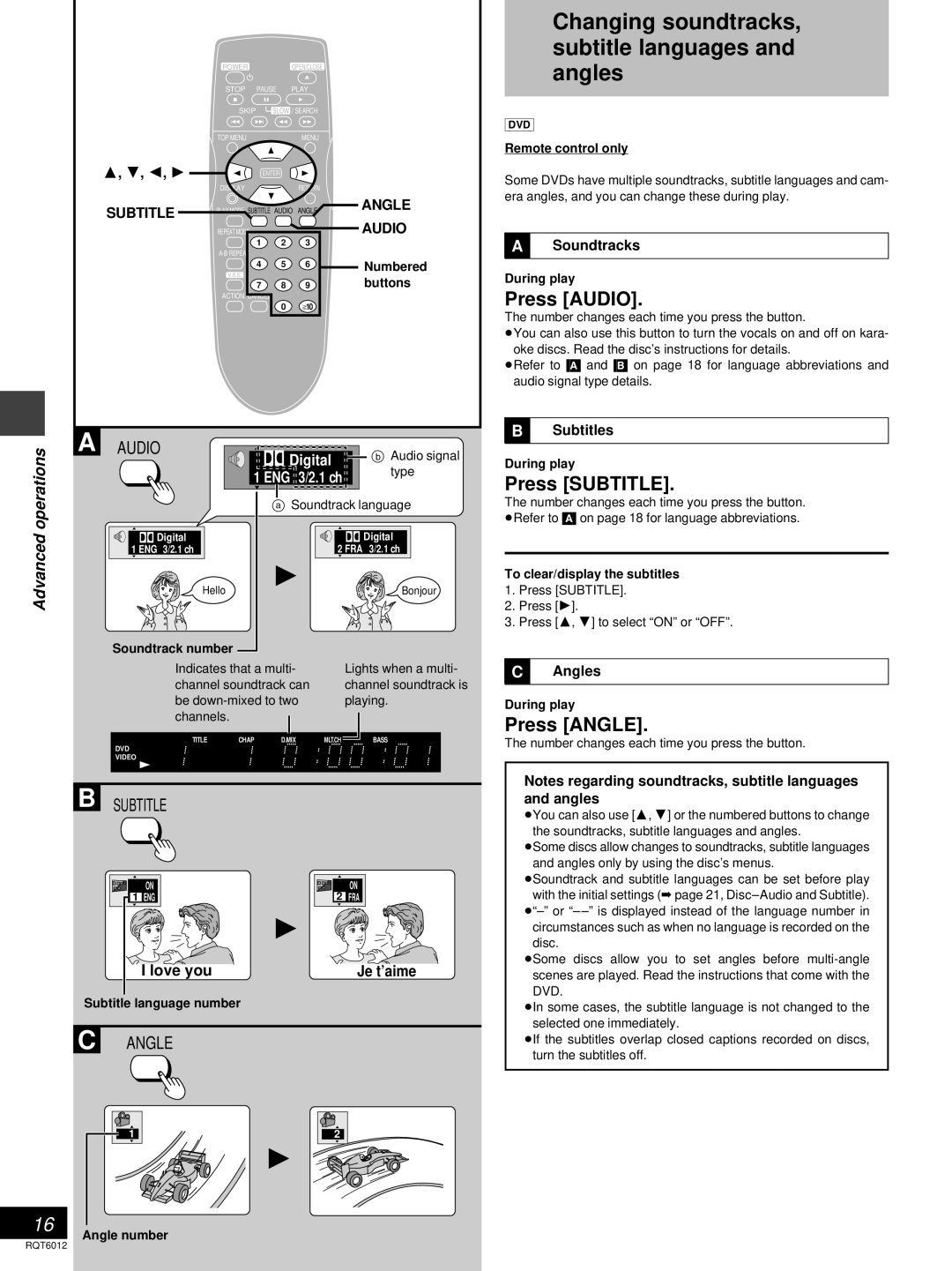 Panasonic DVD-RP56 Changing soundtracks Subtitle languages and angles, Press Audio, Press Subtitle, Press Angle, Love you 