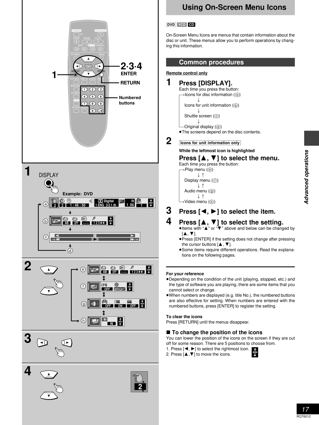 Panasonic DVD-RP56 warranty Using On-Screen Menu Icons, Common procedures, Press Display, Press 3, 4 to select the menu 