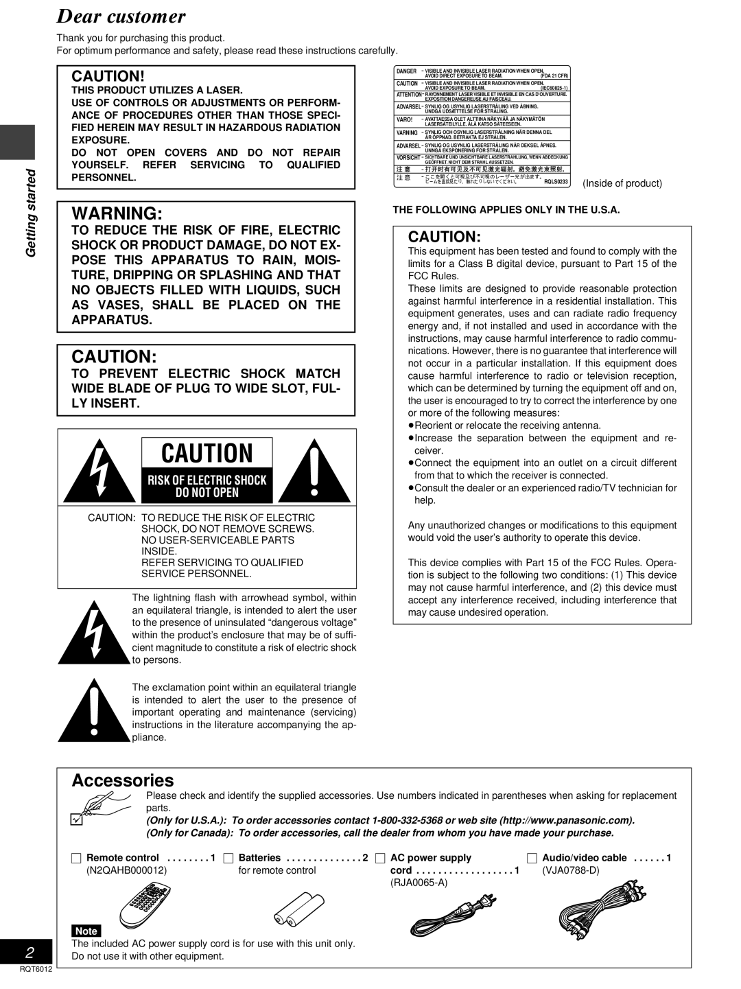 Panasonic DVD-RP56 warranty Accessories, Getting started, VJA0788-D RJA0065-A 