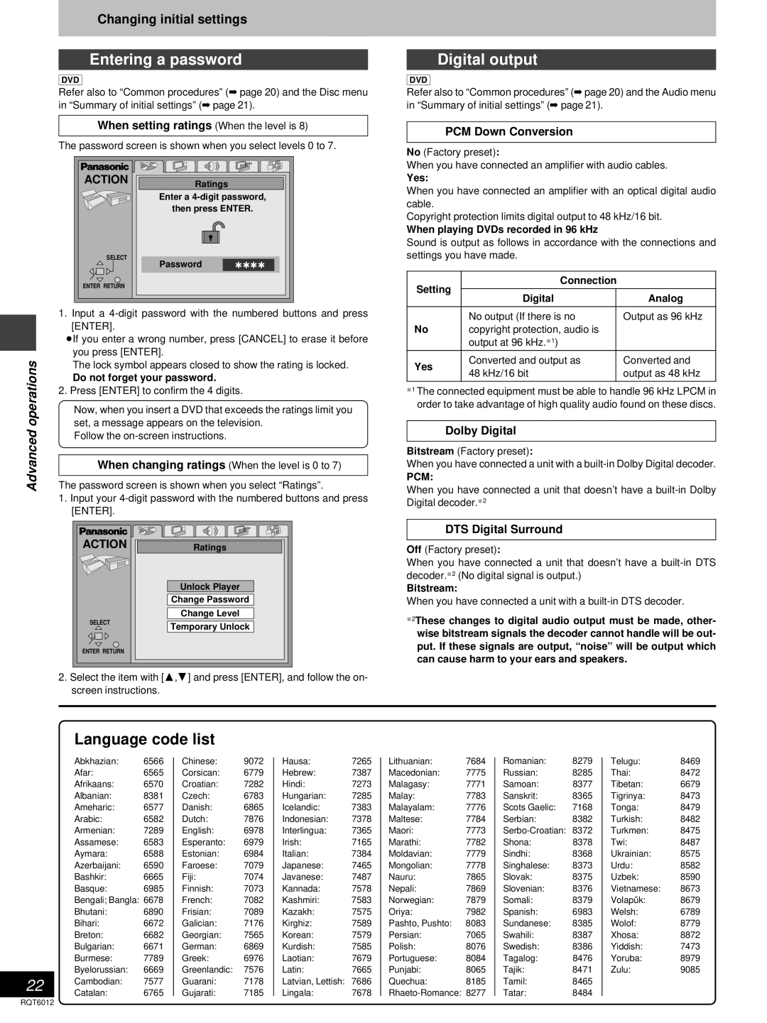 Panasonic DVD-RP56 warranty Entering a password Digital output, Language code list 