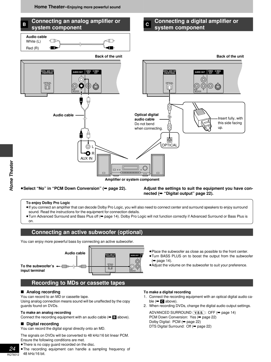 Panasonic DVD-RP56 warranty » Connecting an analog amplifier or System component, Connecting an active subwoofer optional 