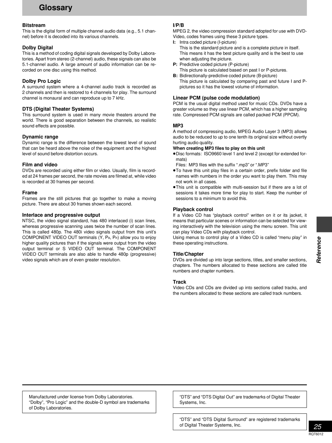 Panasonic DVD-RP56 warranty Glossary, Reference 