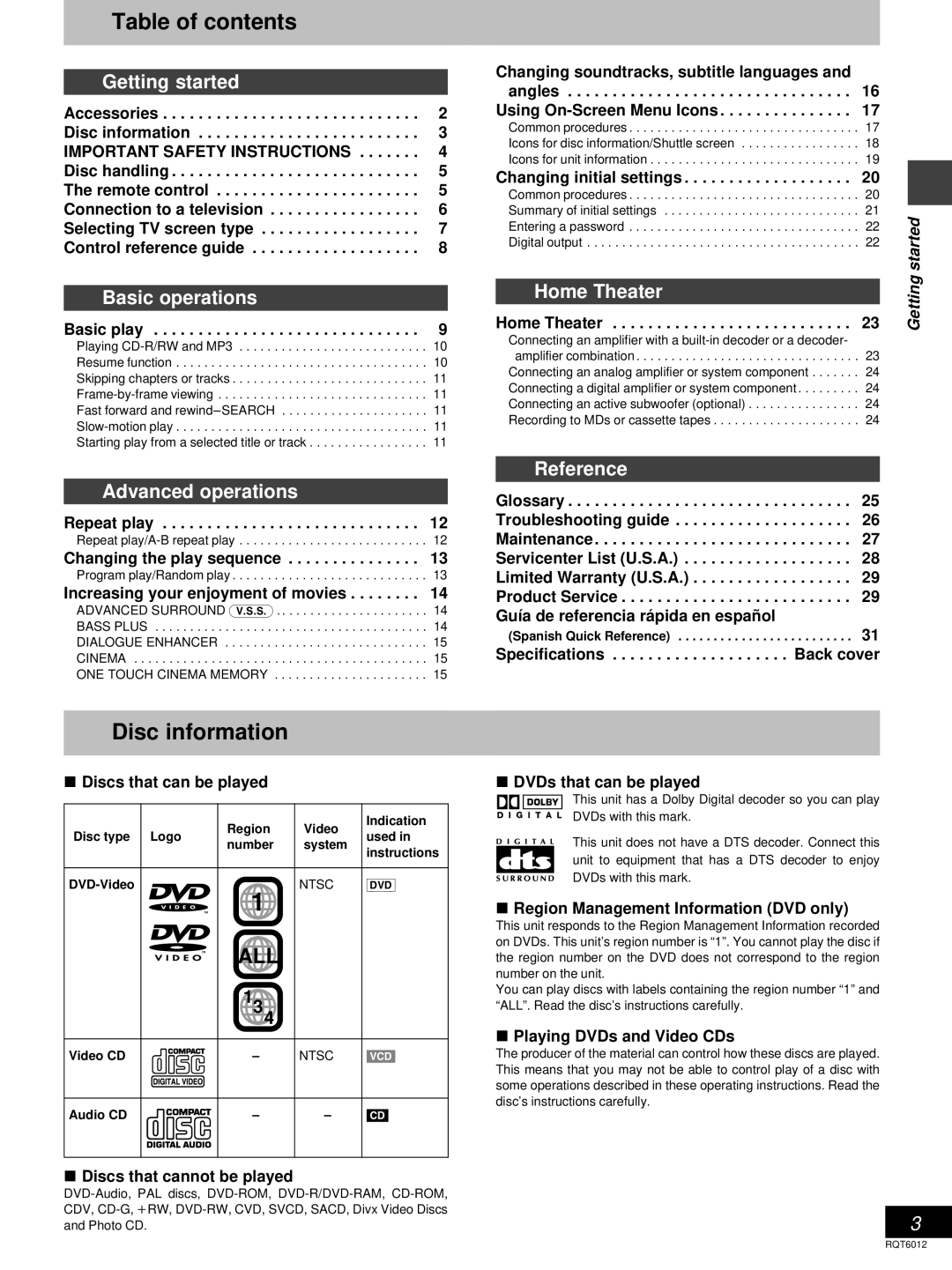 Panasonic DVD-RP56 warranty Table of contents, Disc information 