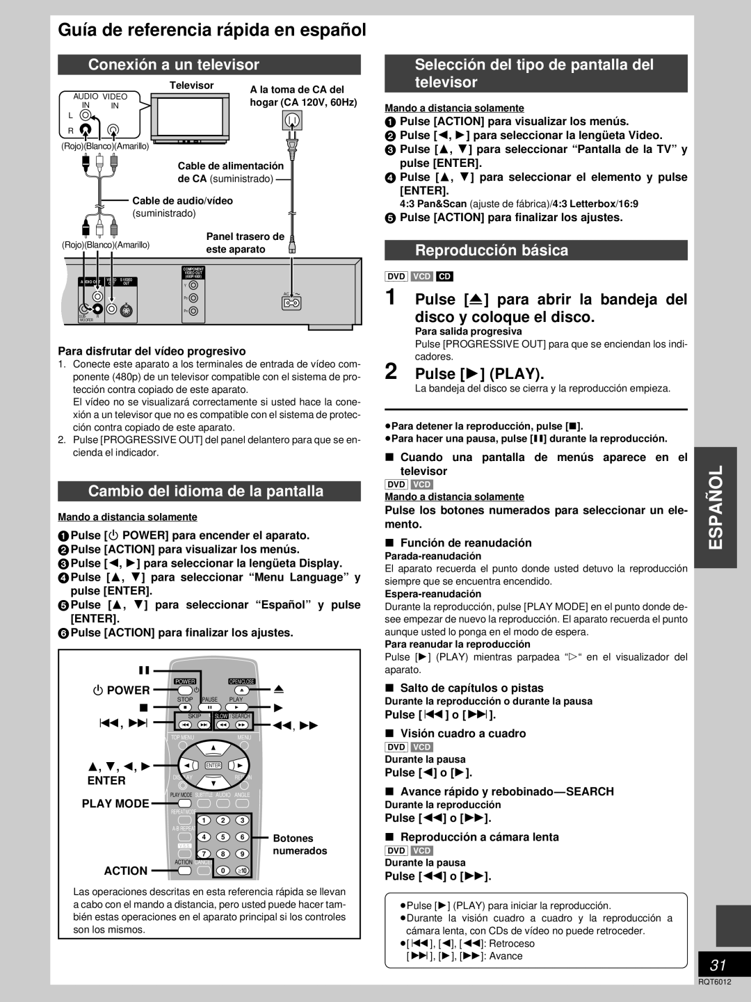 Panasonic DVD-RP56 warranty Conexió n a un televisor, Cambio del idioma de la pantalla, Reproducció n bá sica 