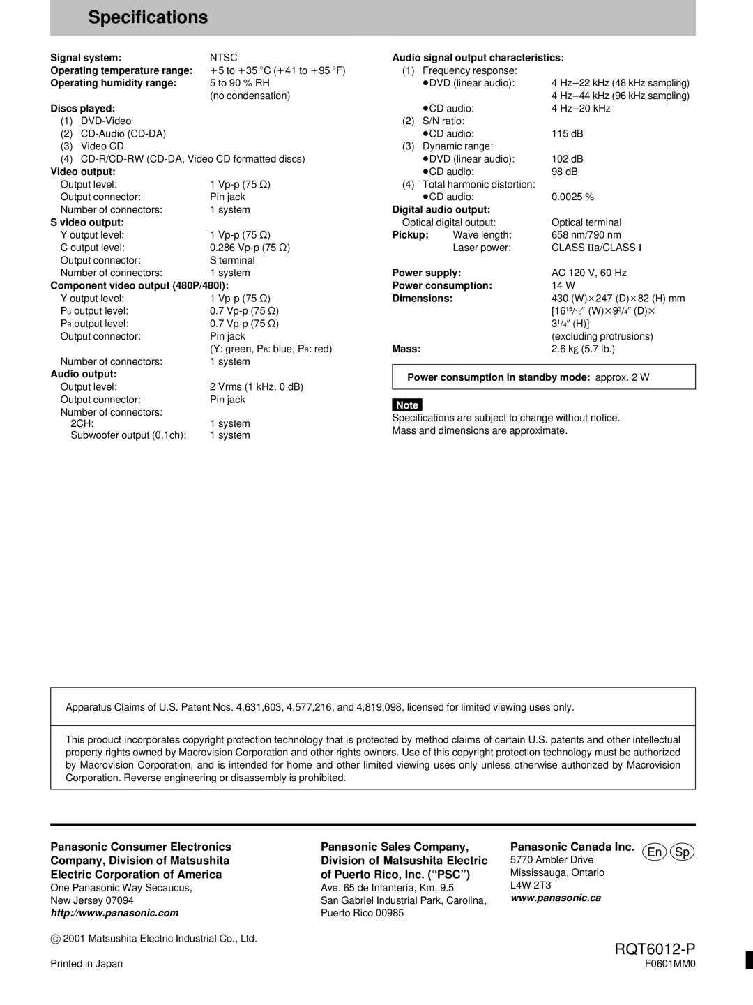 Panasonic DVD-RP56 warranty Specifications, Electric Corporation of America Puerto Rico, Inc. PSC 