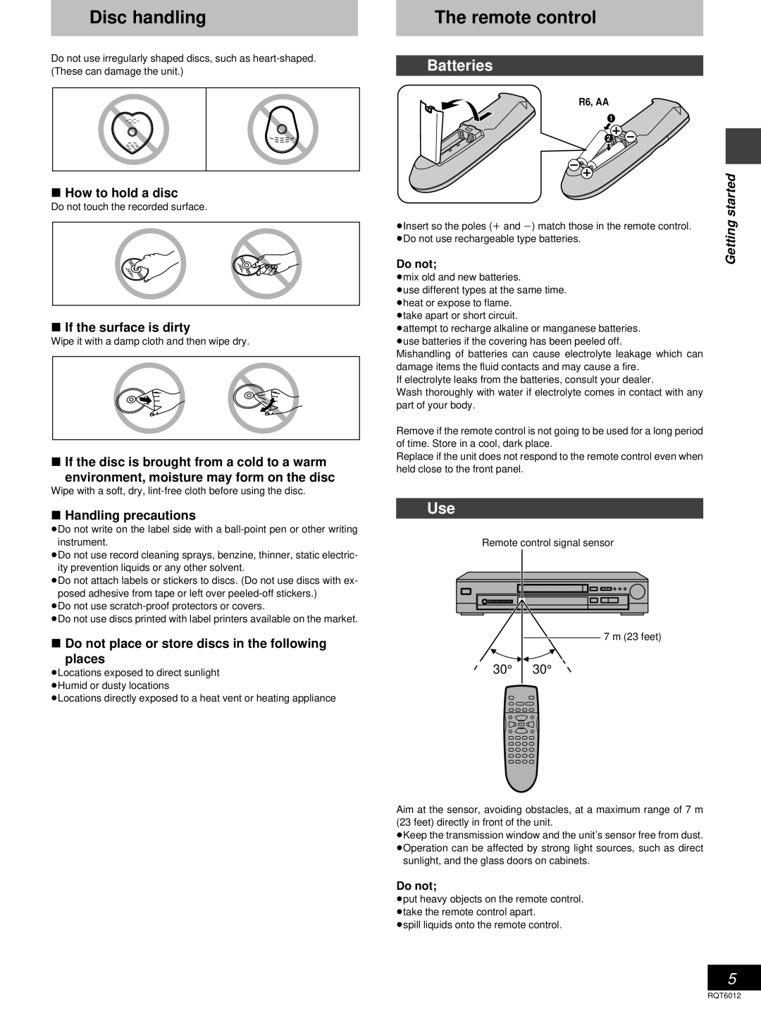 Panasonic DVD-RP56 warranty Disc handling, Batteries, Use, Started 