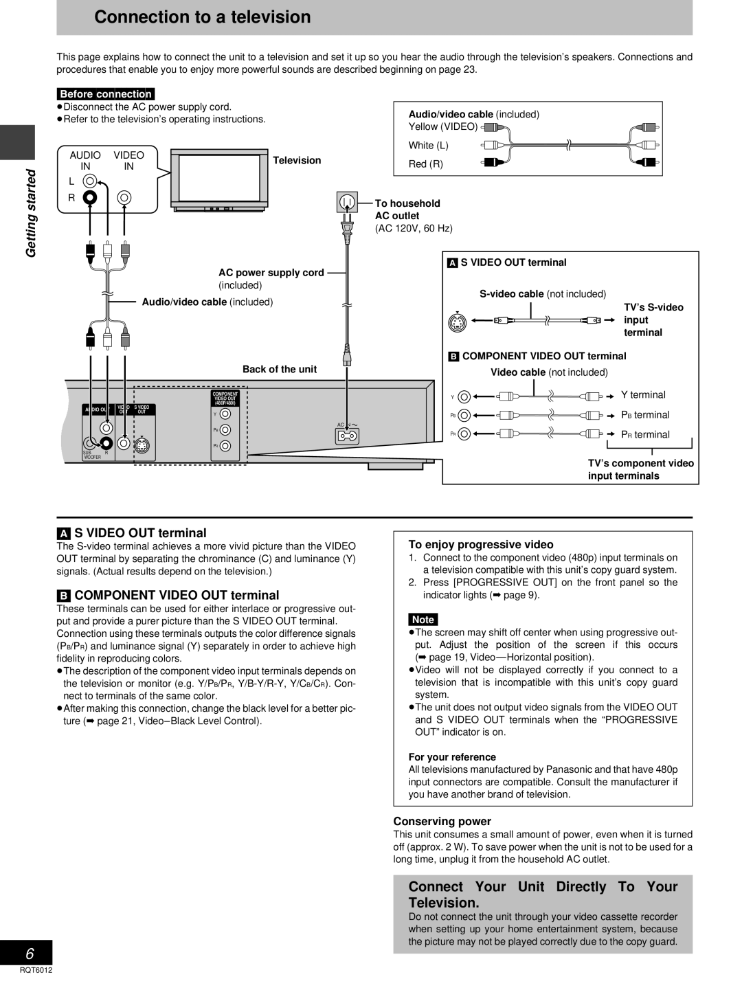 Panasonic DVD-RP56 warranty Connection to a television, Component Video OUT terminal, To enjoy progressive video 