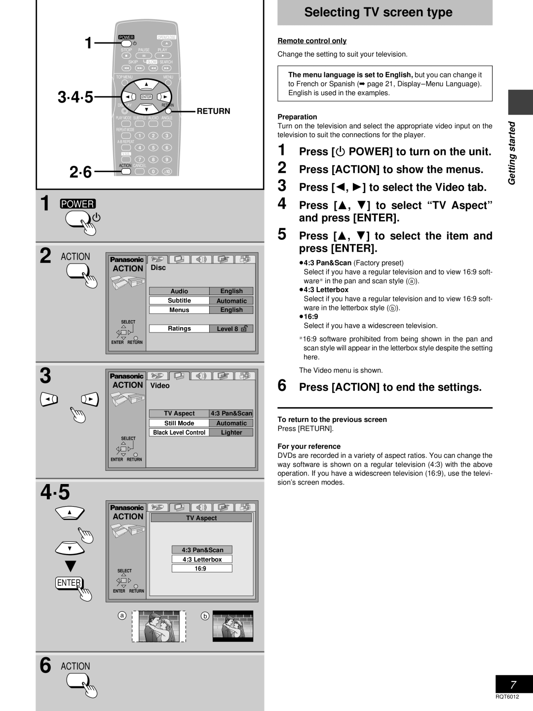 Panasonic DVD-RP56 warranty Selecting TV screen type, Press Action to end the settings 