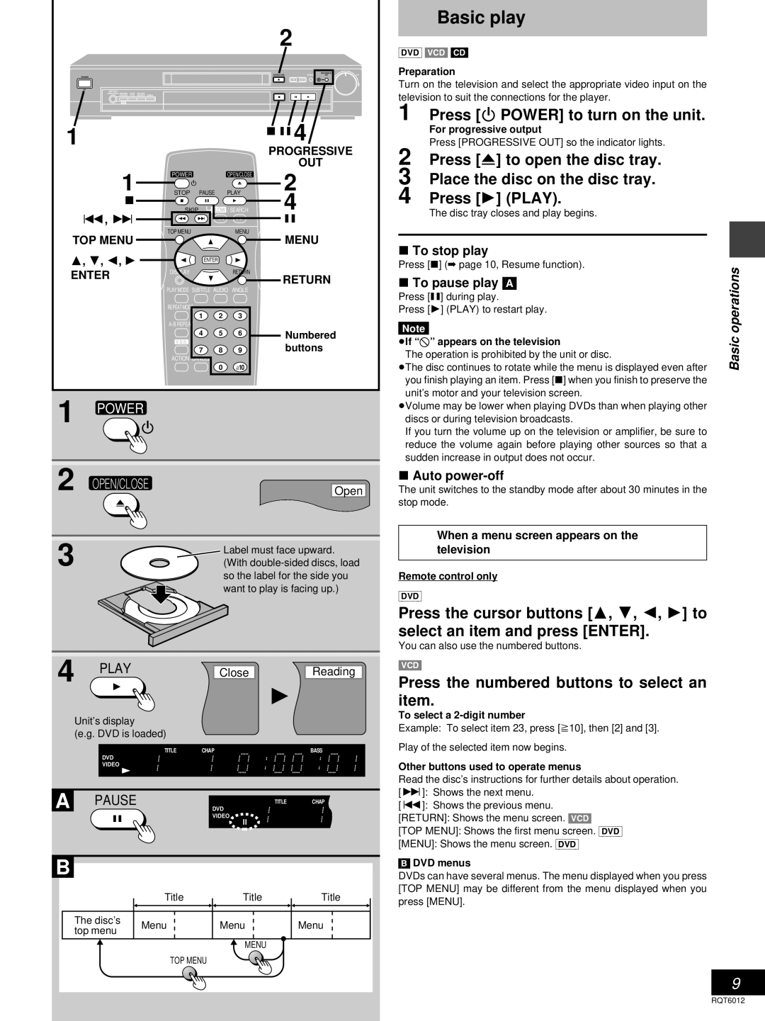 Panasonic DVD-RP56 warranty Basic play, Press ê Power to turn on the unit, Press the cursor buttons 3, 4, 2, 1 to 