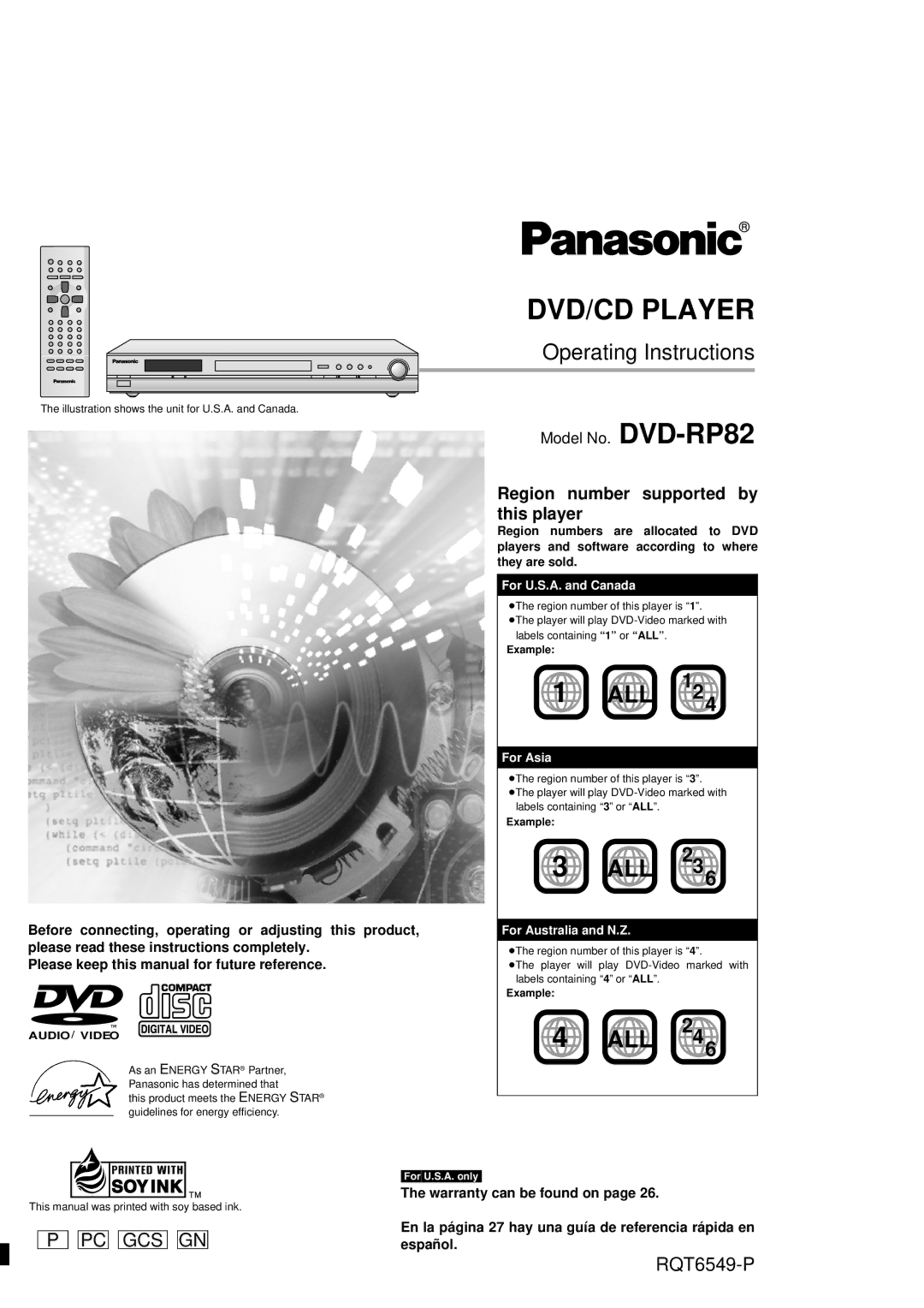 Panasonic DVD-RP82 warranty Warranty can be found on, Example 