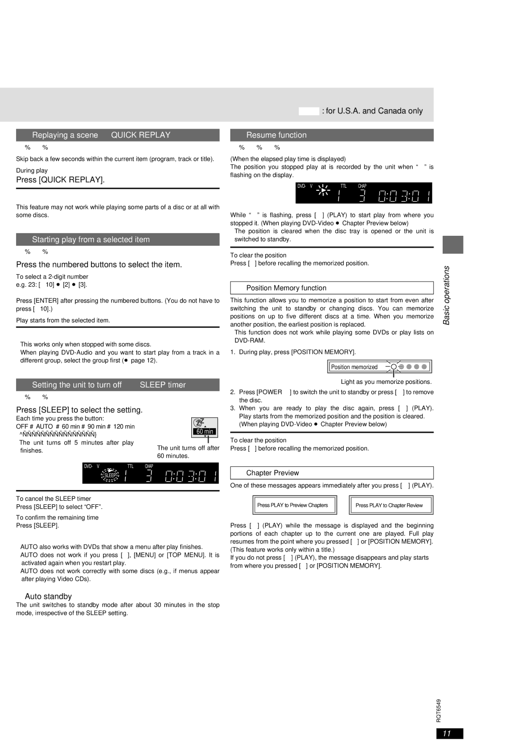 Panasonic DVD-RP82 warranty Replaying a scene-QUICK Replay, Starting play from a selected item, Resume function 