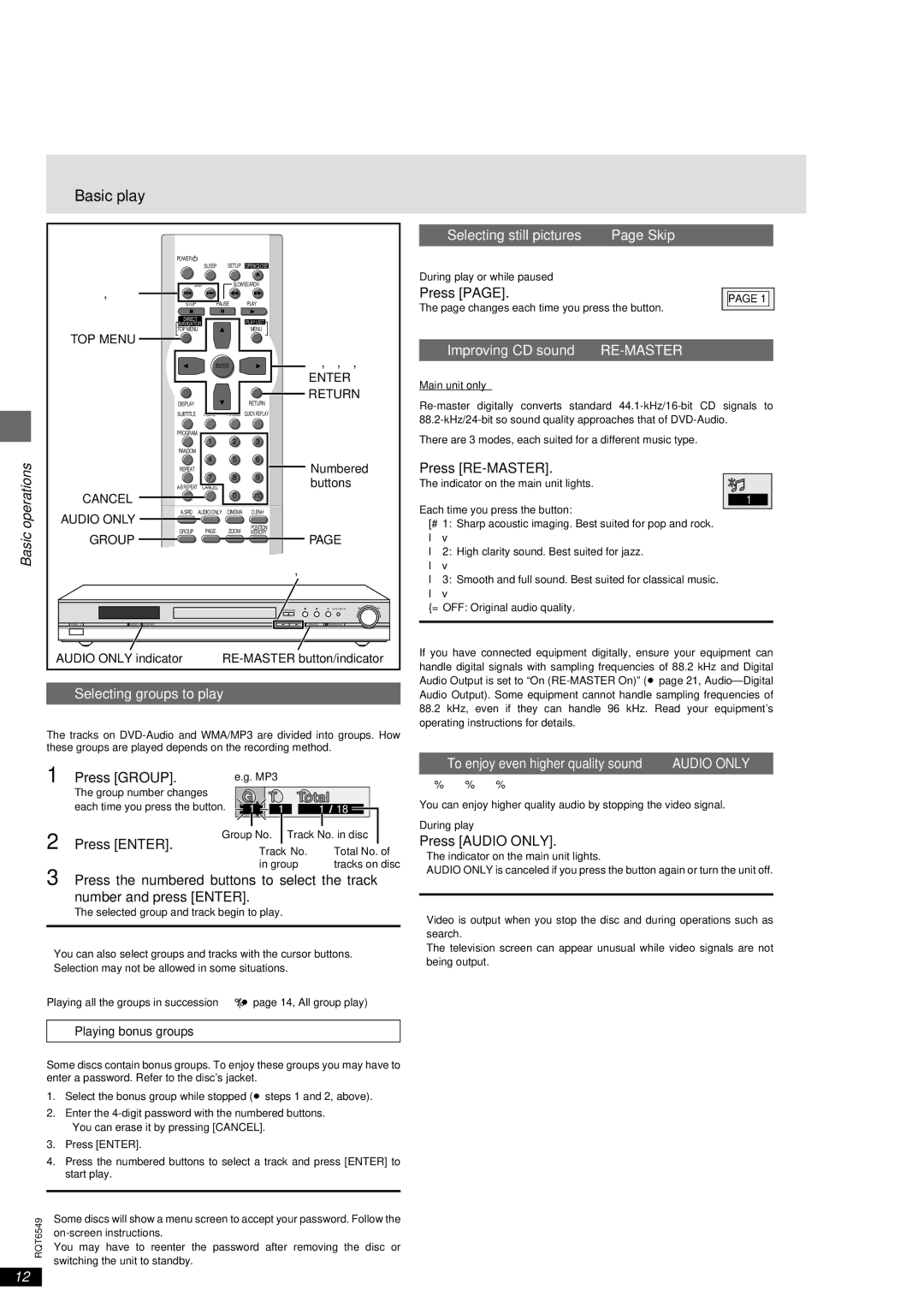 Panasonic DVD-RP82 warranty Selecting groups to play, Selecting still pictures-Page Skip, Improving CD sound-RE-MASTER 