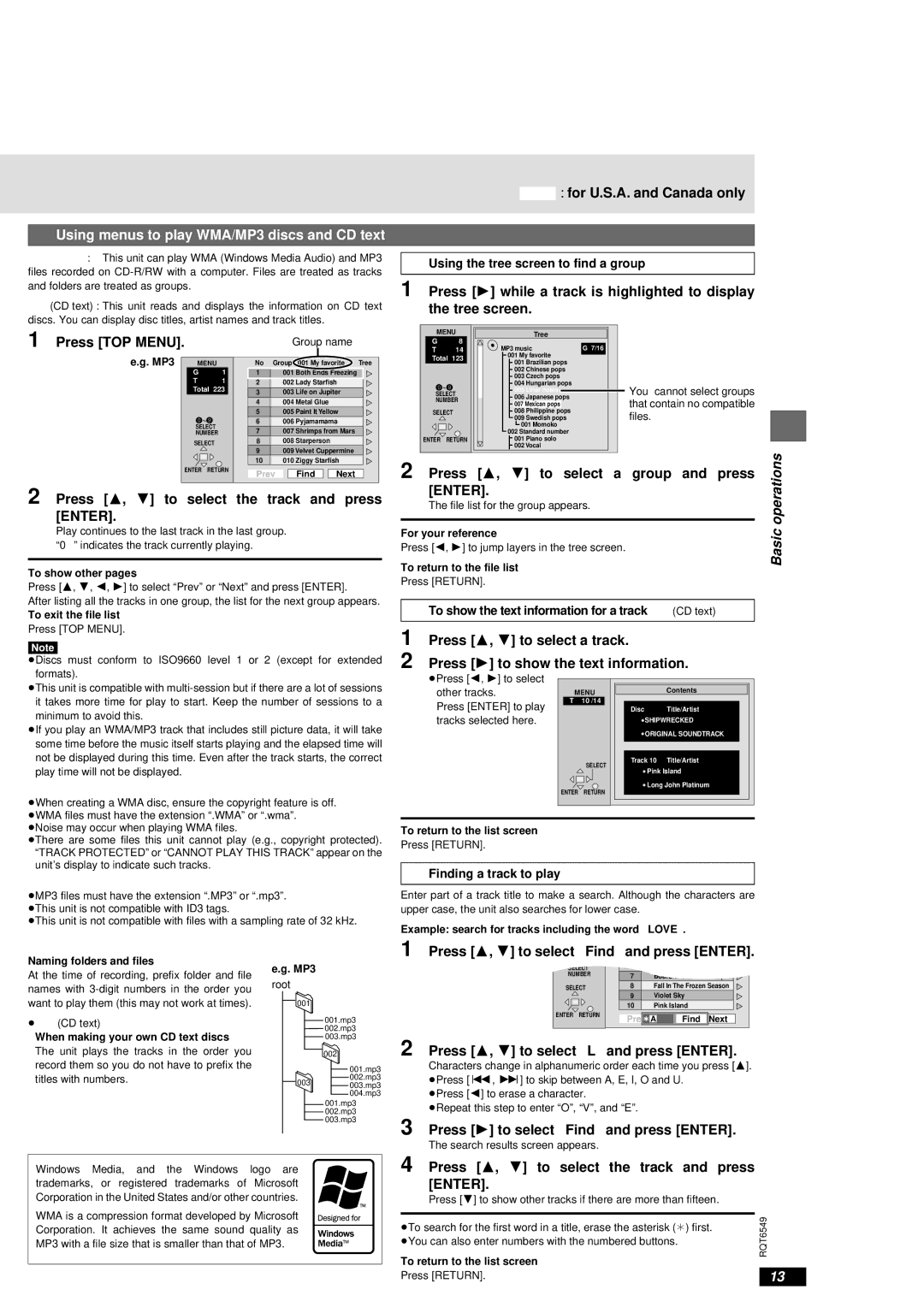 Panasonic DVD-RP82 warranty Using menus to play WMA/MP3 discs and CD text 