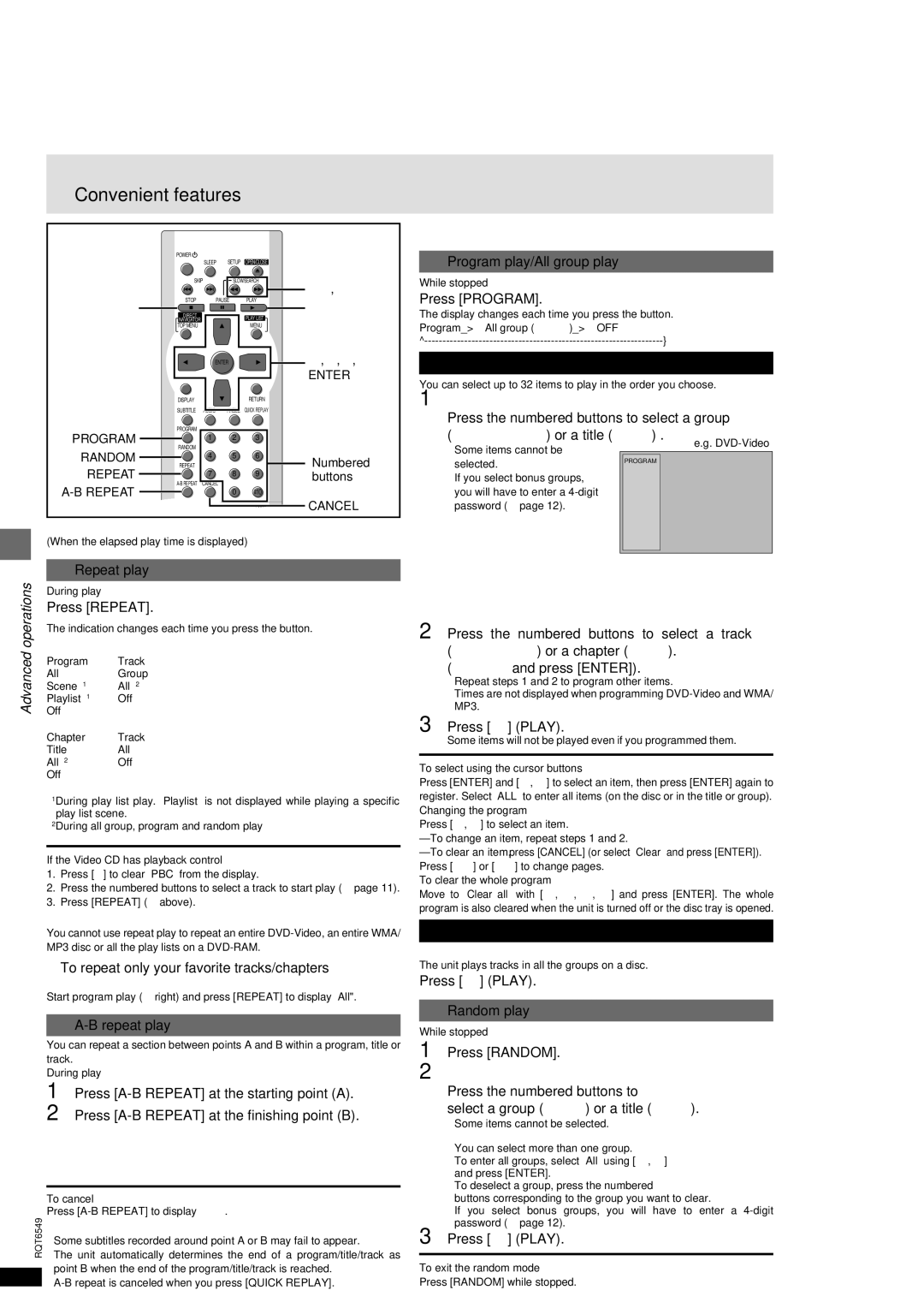 Panasonic DVD-RP82 warranty Convenient features, Program play/All group play, Random play Repeat play 