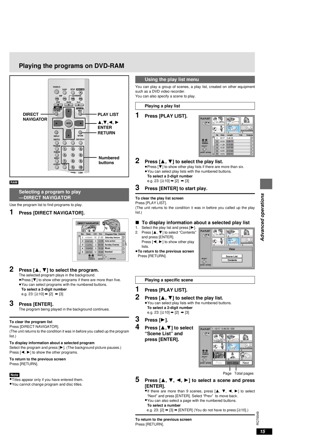 Panasonic DVD-RP82 warranty Playing the programs on DVD-RAM, Using the play list menu, Selecting a program to play 