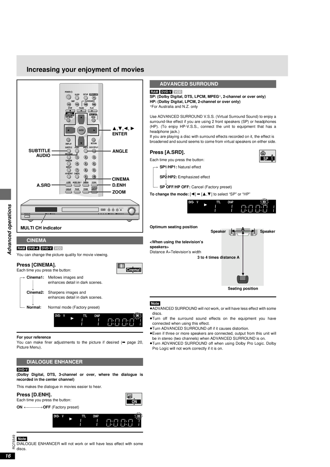 Panasonic DVD-RP82 warranty Increasing your enjoyment of movies, Press A.SRD, Press Cinema, Press D.ENH 