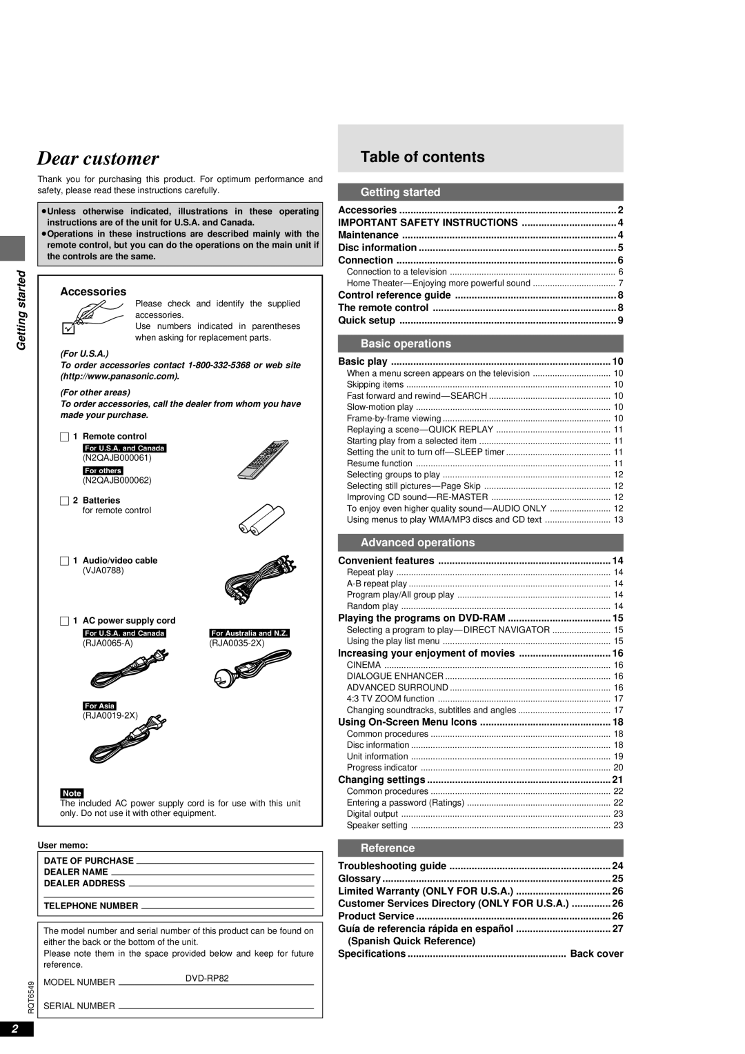 Panasonic DVD-RP82 warranty Dear customer, Table of contents 