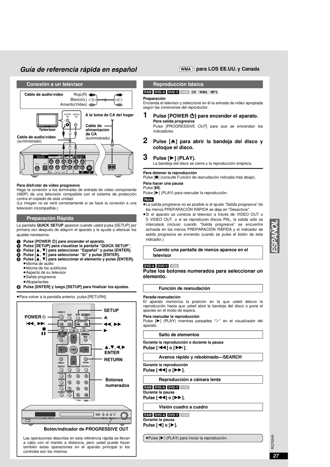 Panasonic DVD-RP82 warranty Conexió n a un televisor, Preparació n Rá pida, Reproducció n bá sica 