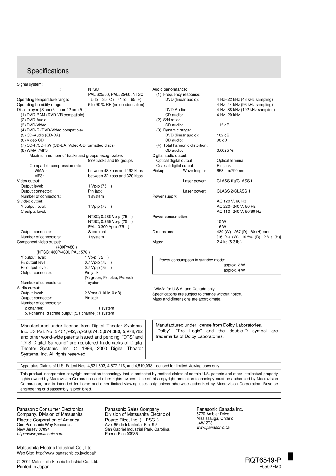 Panasonic DVD-RP82 warranty Specifications, Electric Corporation of America Puerto Rico, Inc. PSC 