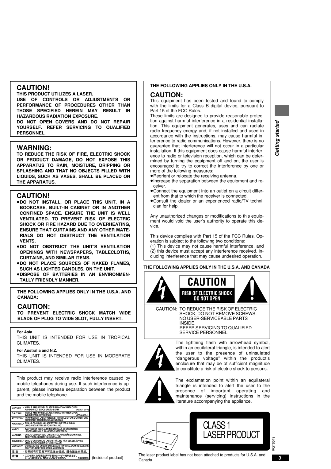 Panasonic DVD-RP82 warranty Following Applies only in the U.S.A, For Asia, For Australia and N.Z 