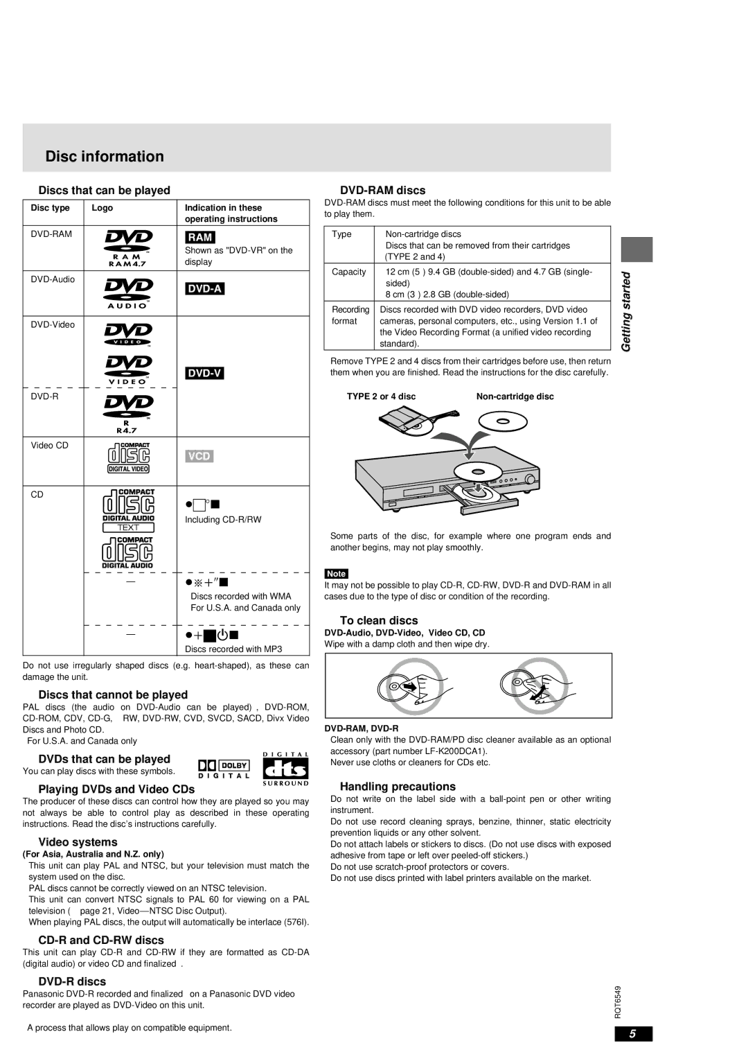 Panasonic DVD-RP82 warranty Disc information 