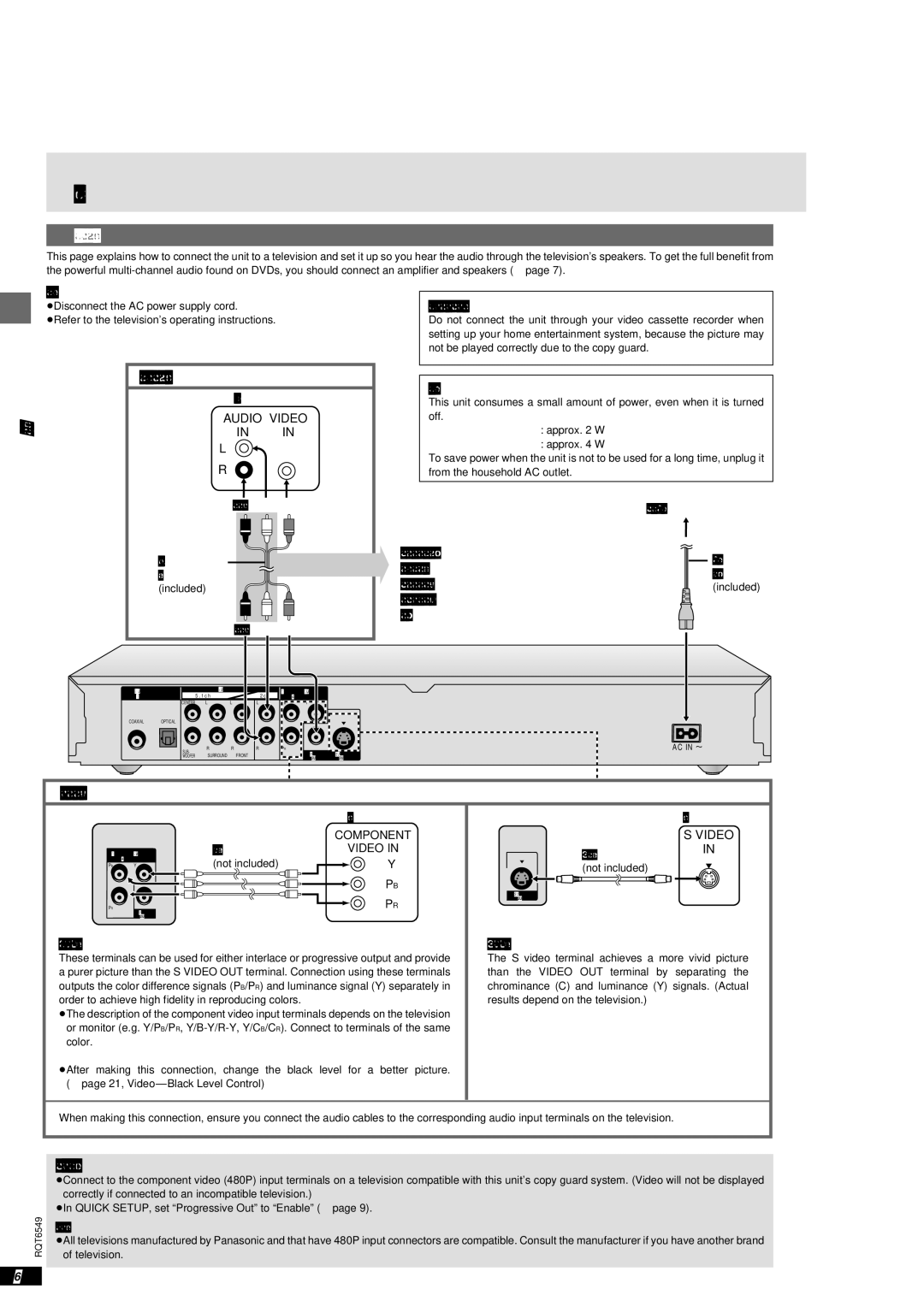 Panasonic DVD-RP82 Connection to a television, Basic connection to a television, Enjoying higher picture quality 